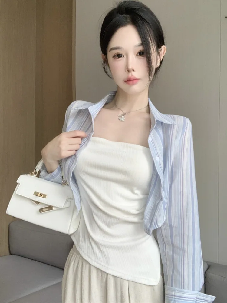 

Women's Early Autumn Short Striped Shirt High Waist Crop Top And Long Pants Set Korean Style Commute Casual High Waist Stripe...