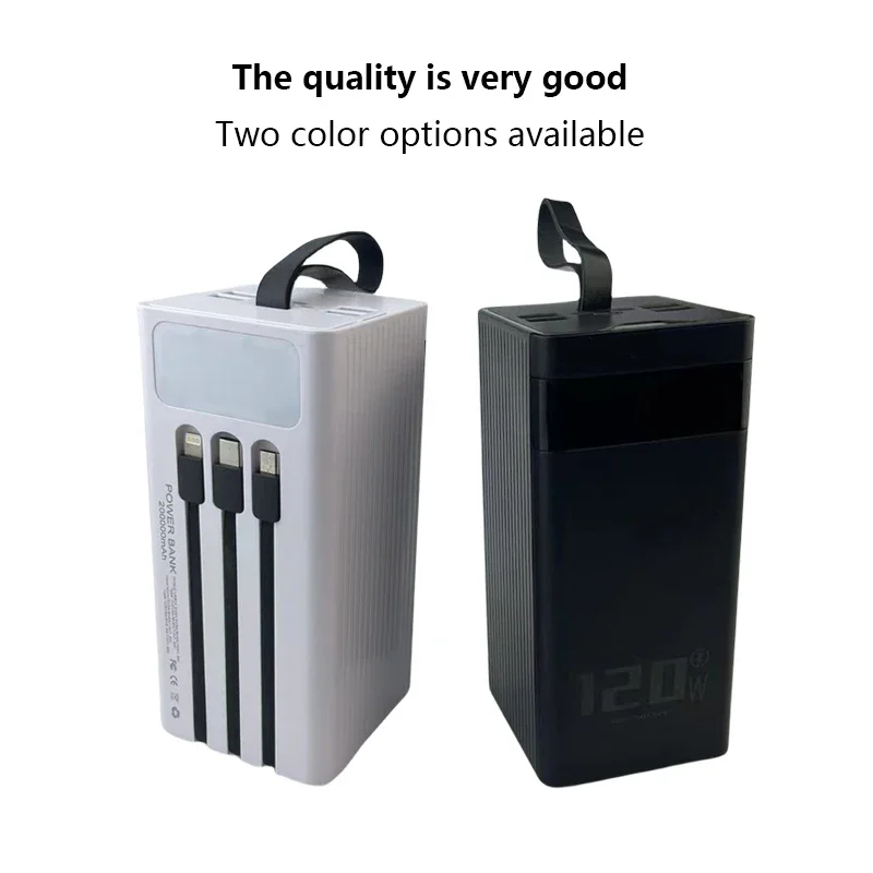 Dual directional fast mobile power bank suitable for iPhone and Huawei 120W 200000 mAh charger, with built-in cable and large ca