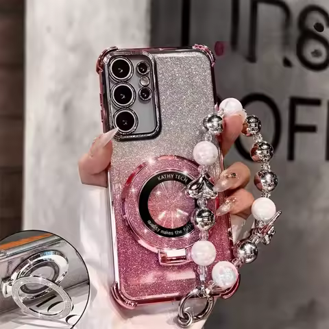 Shockproof Glitter Plating Magsafe Bracket Bead Bracelet Case for Samsung Galaxy S25 S24 S23 S22 S21 S20 Note 20 Ultra Plus FE