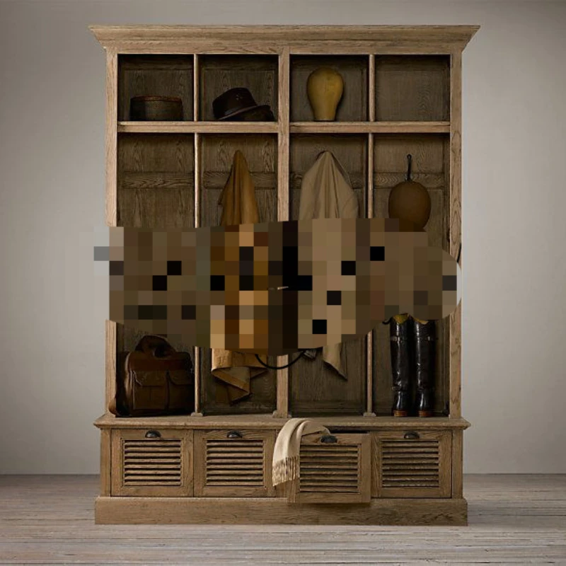 Oak, doorless solid wood open wardrobe, European simple cloakroom