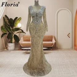 Long Sleeves Champagne Evening Dresses Mermaid Crystals Vintage Wedding Guests Dresses For Women Vestidos Para Mujer Party Gowns