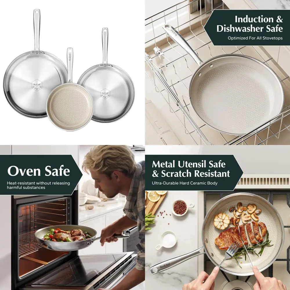 

Ceramic Nonstick Skillet Set, Cool Handle, Safe & Dishwasher-Friendly, Suitable for All Cooktops (8, 10, 12 inches)