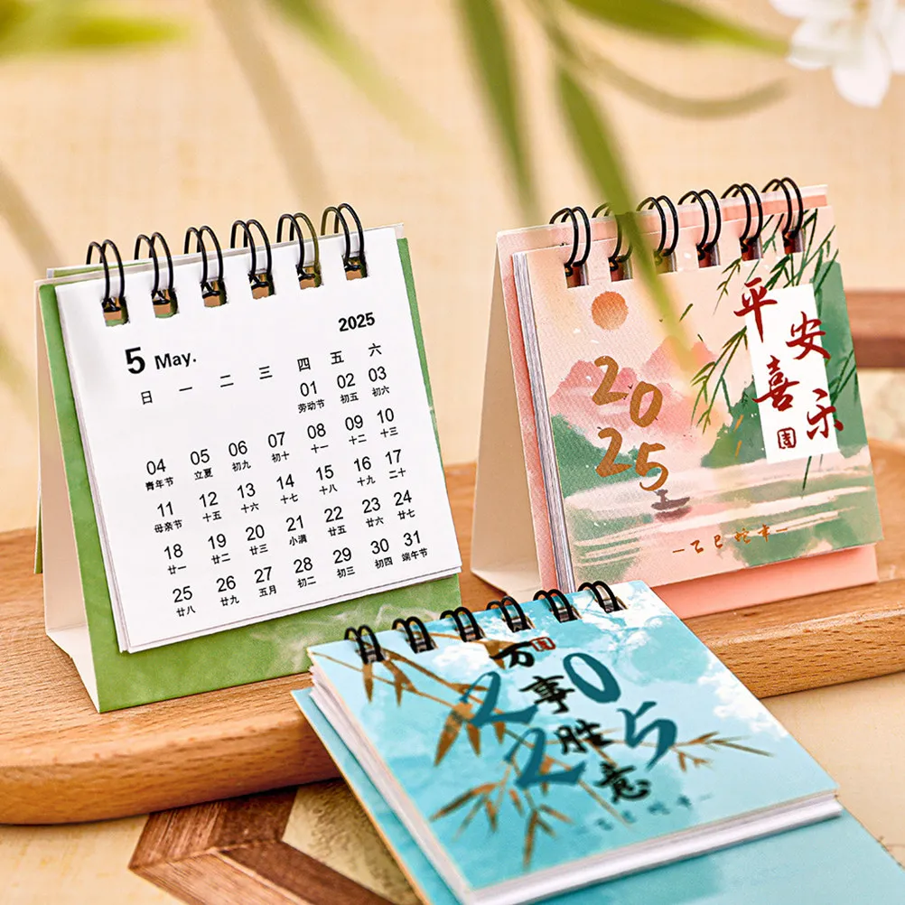 

4Pcs Chinese Cultural Mini Desk Calendar 2025 Twin Wire Bound Flip Calendar for Teacher Office Desktop Decor Planner Organizer