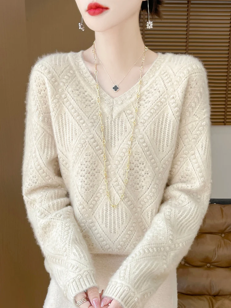 

TLOML New Chic Women's V-neck Pullover Sweater 100% Merino Wool Knitwear Autumn Winter Warm Thick Cashmere Sweater Female Tops