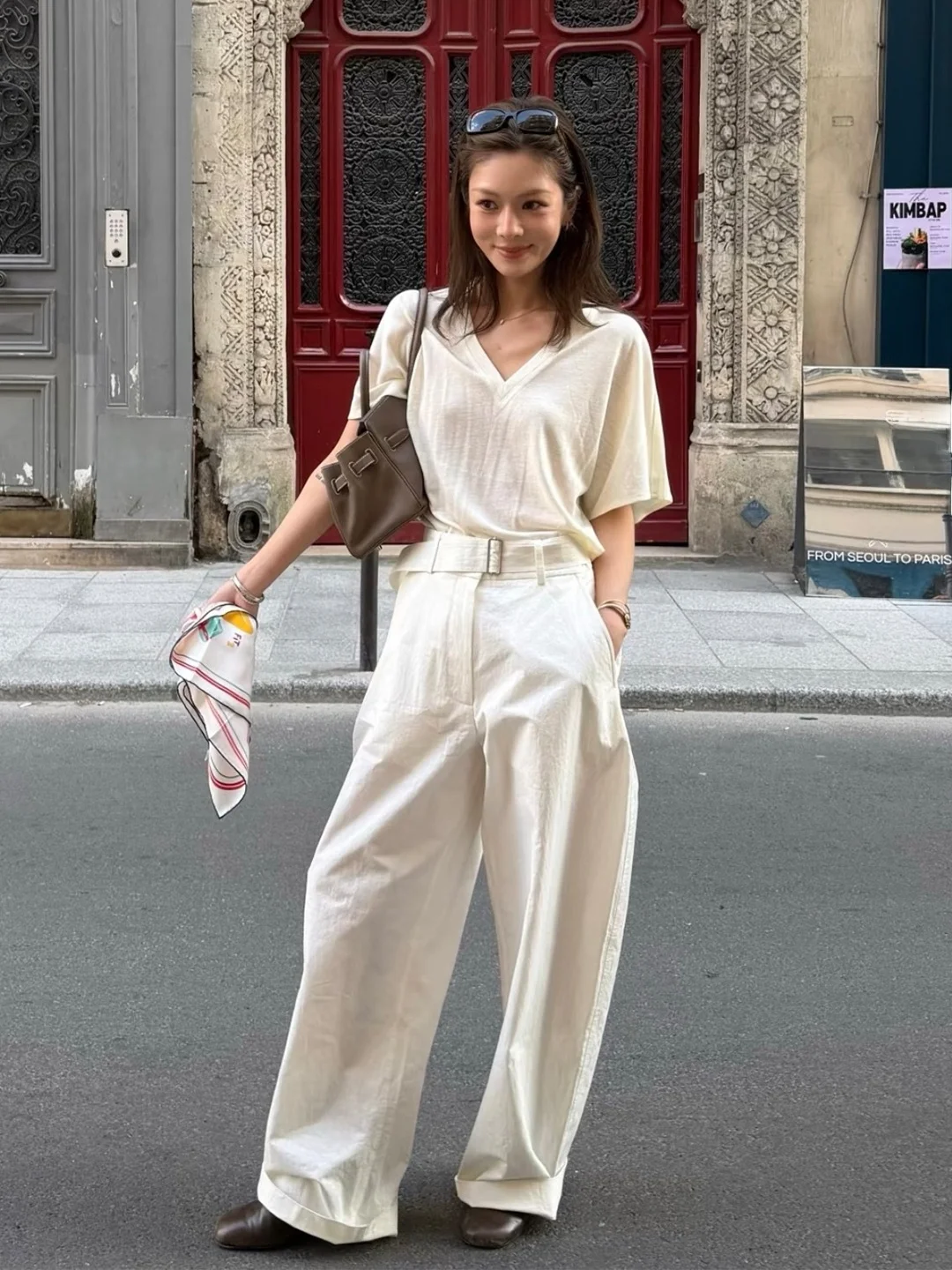 

High Waist Straight Leg White Casual Pants Women's Spring Summer Fashion Design Belted Wide Leg Pants French Style