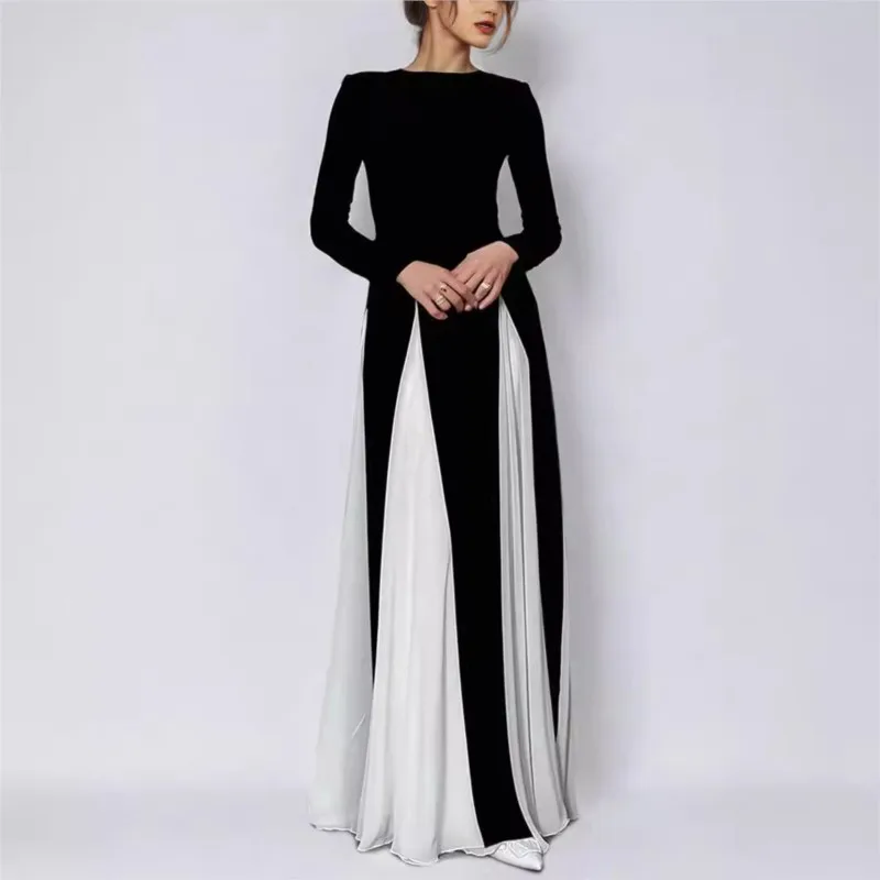 Elegant Black White Patchwork Maxi Dresses Women Fashion O-neck Long Sleeves Contrasting Dress 2025 New Evening Party Robes