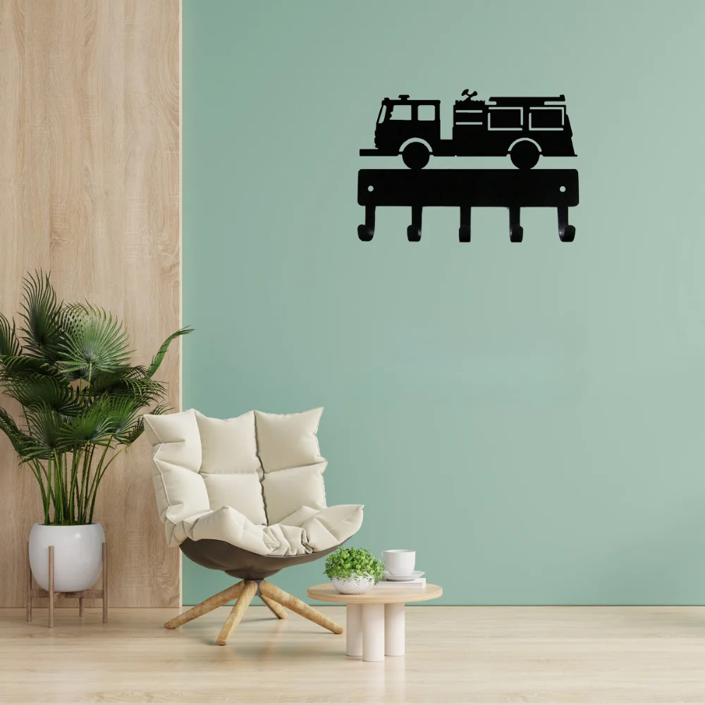 CIFBUY Fire Engine Truck Key Rack 5 Hooks Metal Wall Mount Key Holder Iron Art Durable Rust Proof Home Decor Gift Plaque