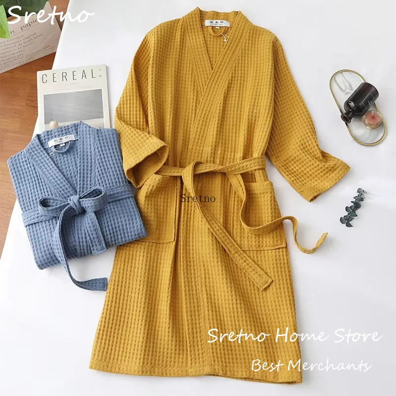 Cotton Bathrobes Spring and Summer Thin Morning Robes Long Waffle Home Hotel Beauty Salon Bathrobes Shower robe Home Sleepwear