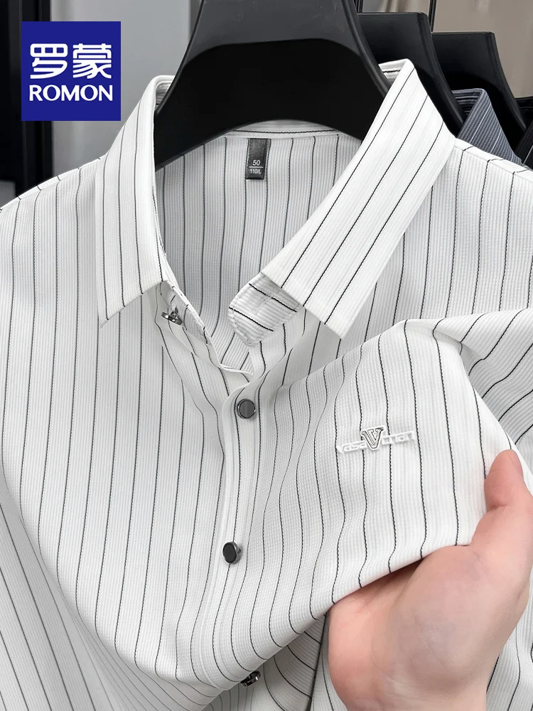 

Lormen Summer Men's Sl Thin Ice Silk Stripe irt Casual Elastic Anti-Wrinkle Skin-Friendly Busin Formal ort Sve