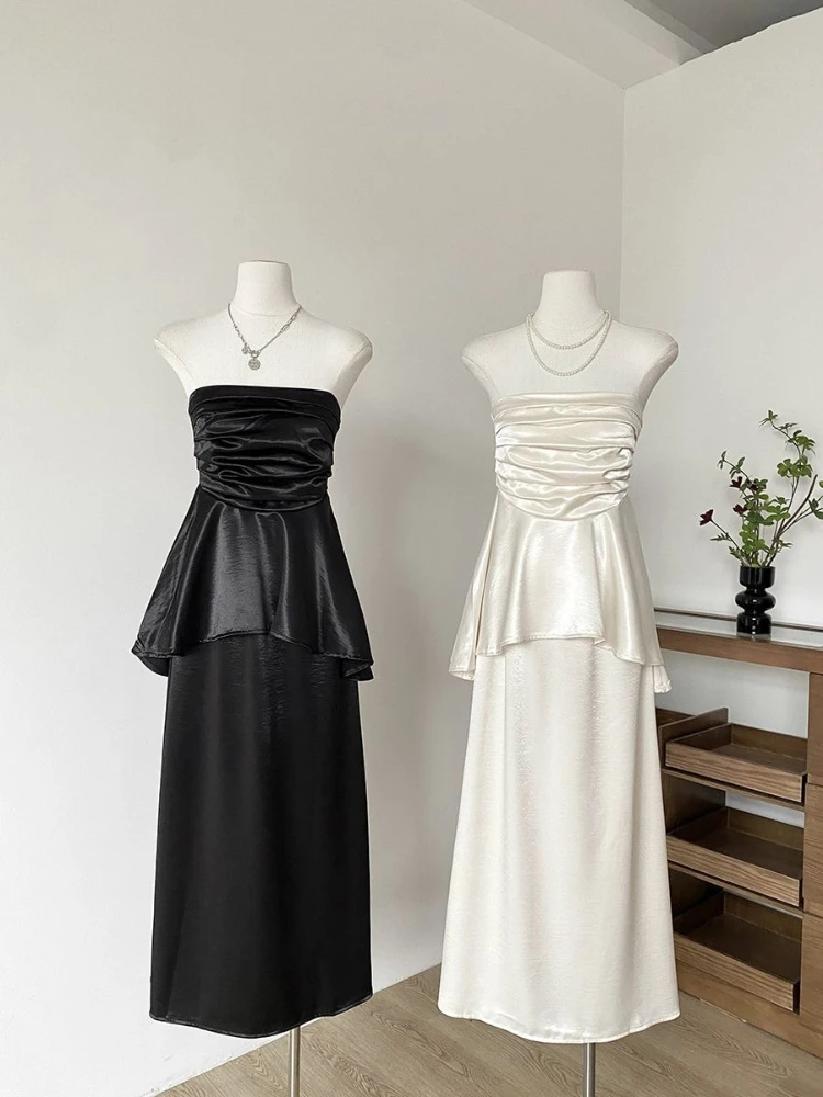 

French style fashion two-piece set women's summer new high-end strapless pleated top and waist cinching elastic long skirt