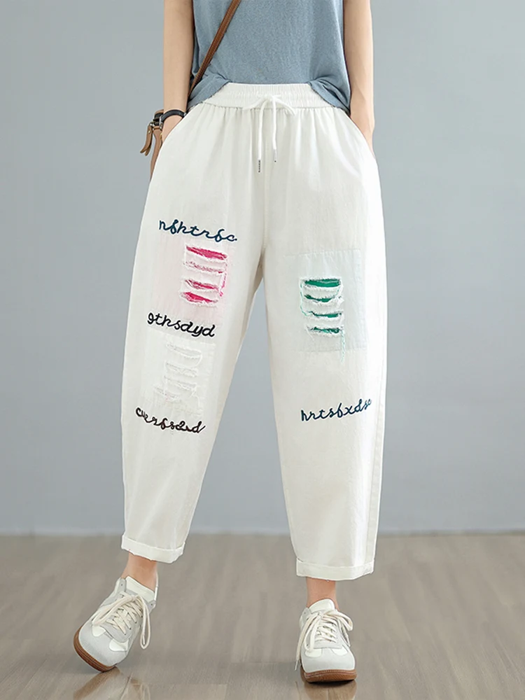 Women Summer Thin Contrast Color Embroidery Hole Elastic Waist Loose Fashion Nine Point Jeans Ladies' Casual Harem Pants