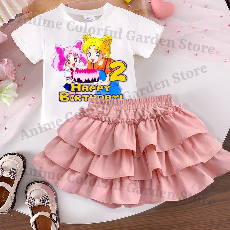 Sailor Moon 2pcs T-shirt Skirt Suit for Girls Cartoon Number Printed Birthday Clothes Children Fashion Dress Short-sleeved Top view 3