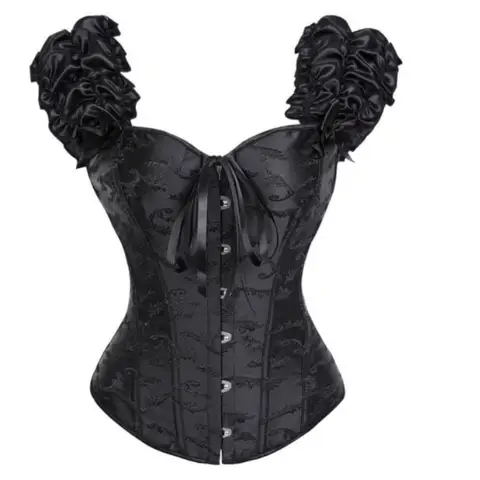 Women's Floral Jacquard Corset Ruffled Puff Strap Sweetheart Neck Front Bow Hook Back Lace Up Victorian Bridal Bustier Top