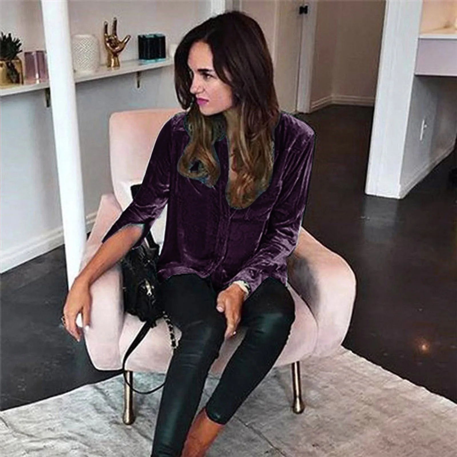 Button Down Blouses For Women Elegant Ladies Velvet Shirts Turn-Down Collar Pocket Top Autumn Casual Clothing сорочки та блузки