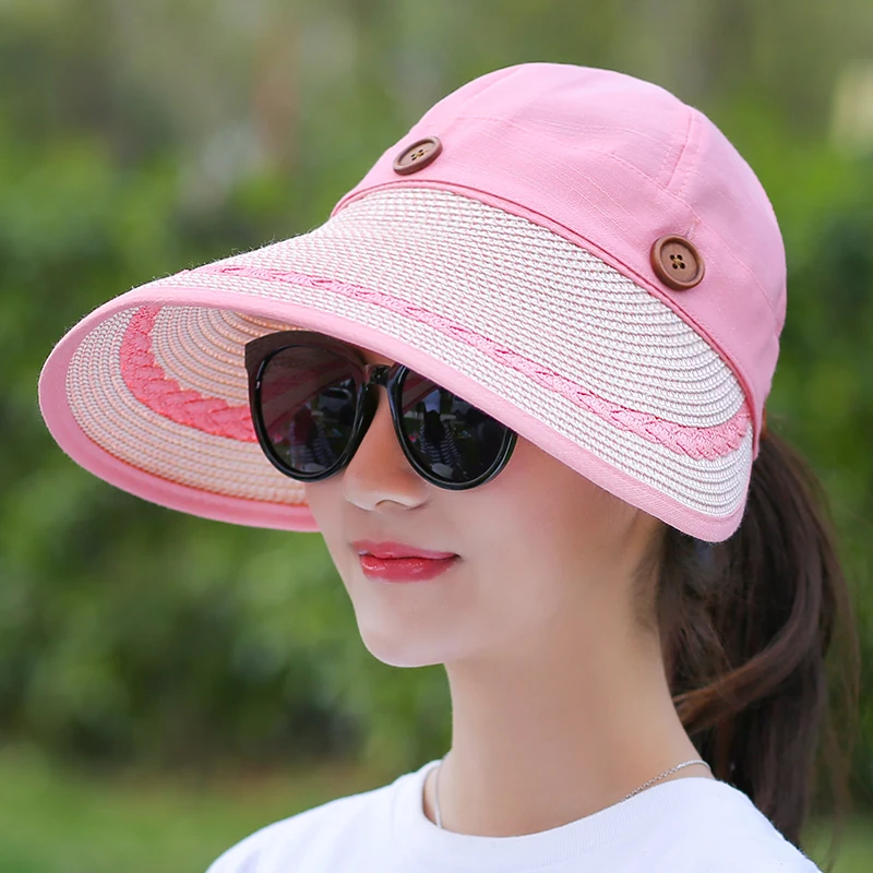 Hats Women Wide Large Brim Floppy Summer Beach Sun Hat Straw Hat Button Cap Summer Hats For Women Anti-uv Visor Cap Female