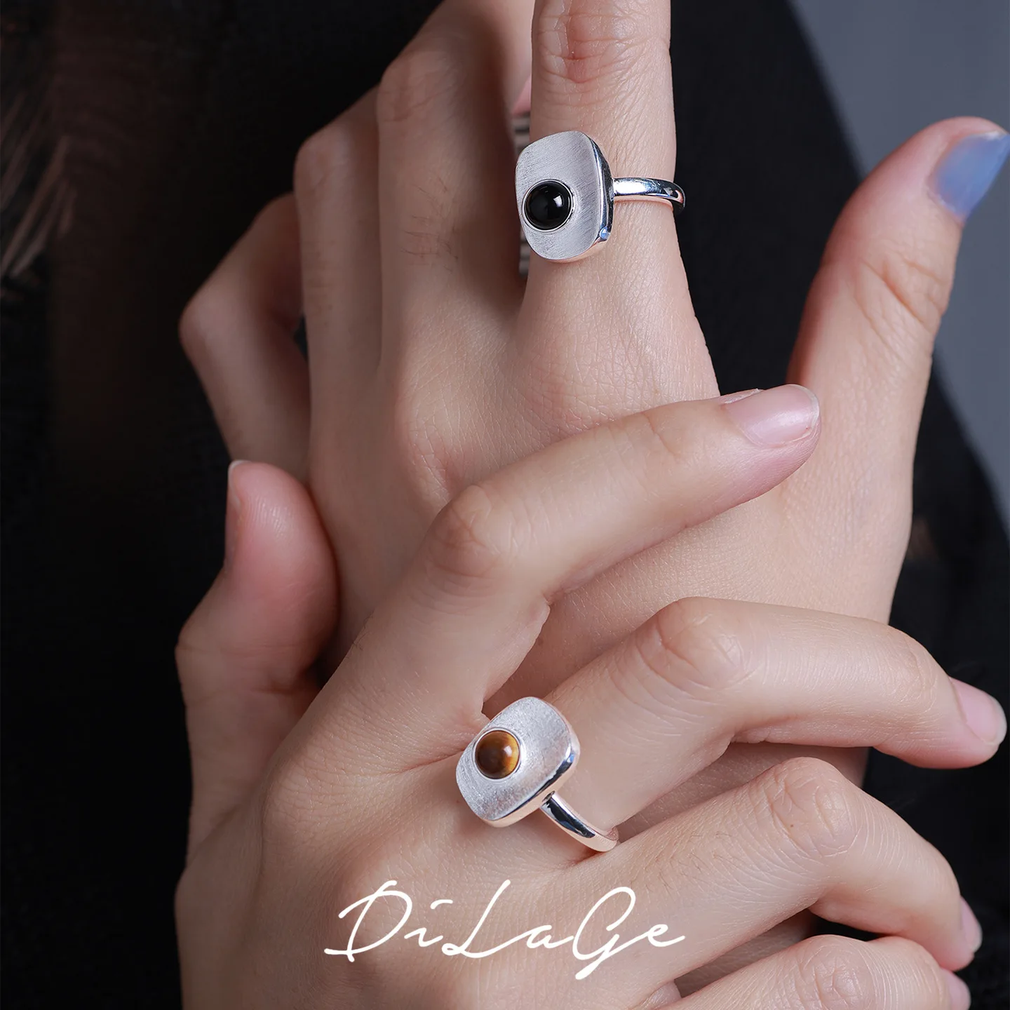 S925 sterling silver retro geometric brushed open ring women's natural black agate tiger's eye stone niche design ring