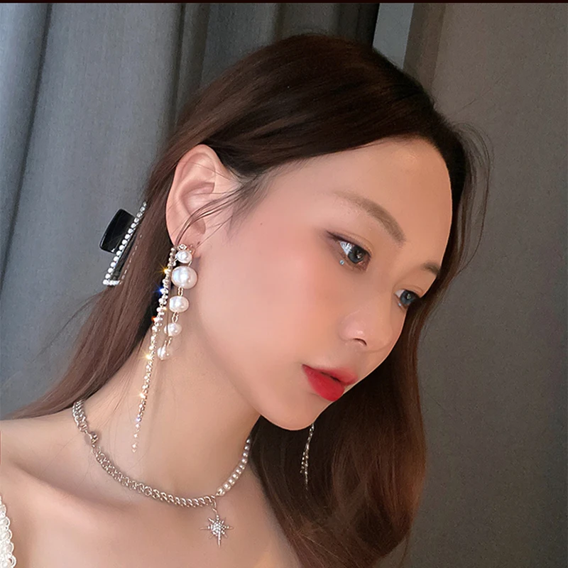 Long Dangle Earrings for Women 2024 Fashion Full Crystal Simulated Pearl Tassel Drop Earring Vintage Gold Color Brincos Jewelry