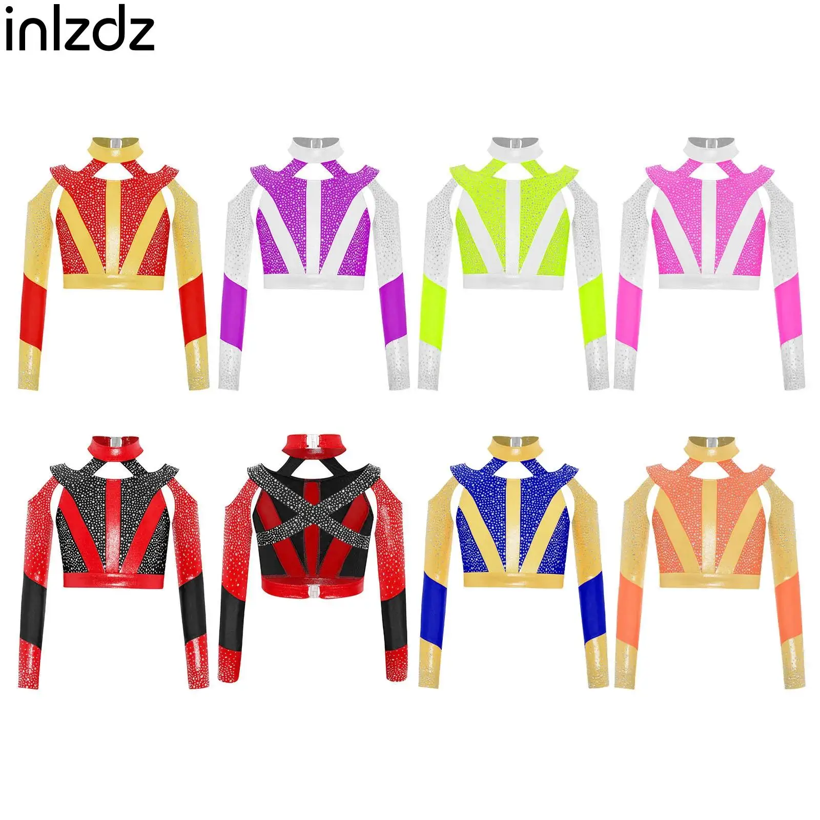 

Rhinestone Rhythmic Gymnastics Figure Skating Jazz Dance Costumes for Kid Girl Long Sleeve Cross Back Cutout Crop Top Dance Wear