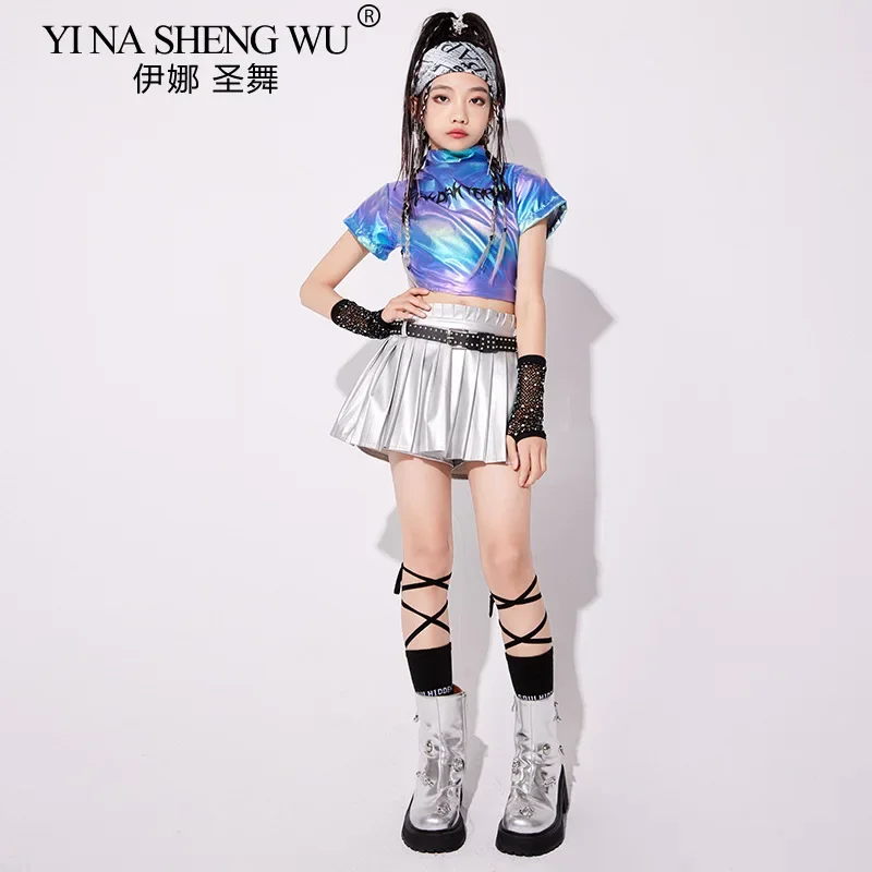 Girls Jazz Dance Costume Kpop Performance Outfit Laser Silver Crop Top And Pleated Skirt Set Street Wear Group Dance Clothes