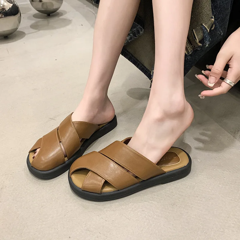 Zapatos planos de verano para mujer, mocasines de piel sintética con cubierta de dedo del pie, estilo romano, 2024