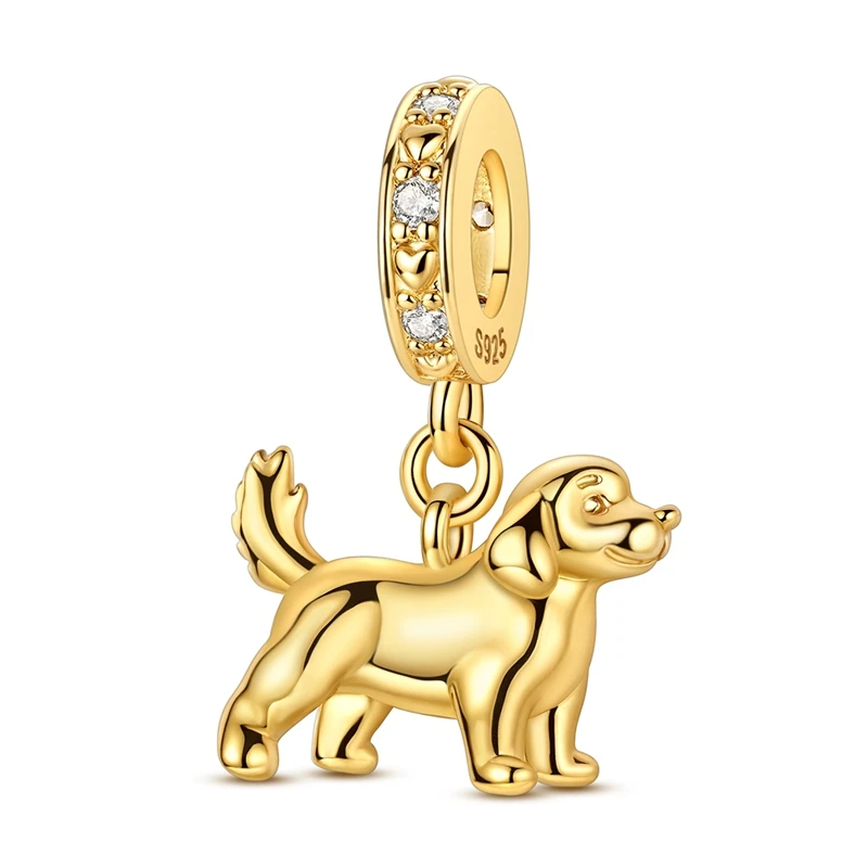 

925 Sterling Silver Golden Charms Bead Retriever Puppy Dangle Fit Original Bracelet DIY Women Jewelry