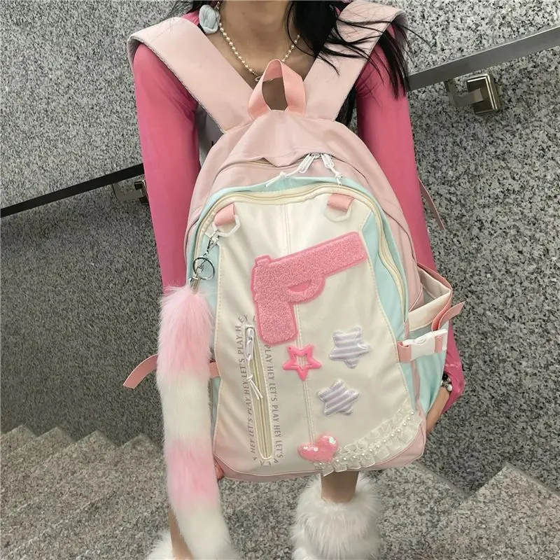 Y2k Star Pink Gun Pistol Pattern Backpack Preppy Style Big Capacity Handbag Fashion School Travel Backpack