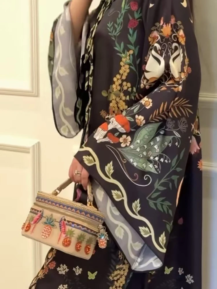 Lapel Three Quarter Sleeve Retro Printing V Neck Dress Autumn Elegant Women Loose Party Dress Femme Lacing Up Maxi Dress Vestido