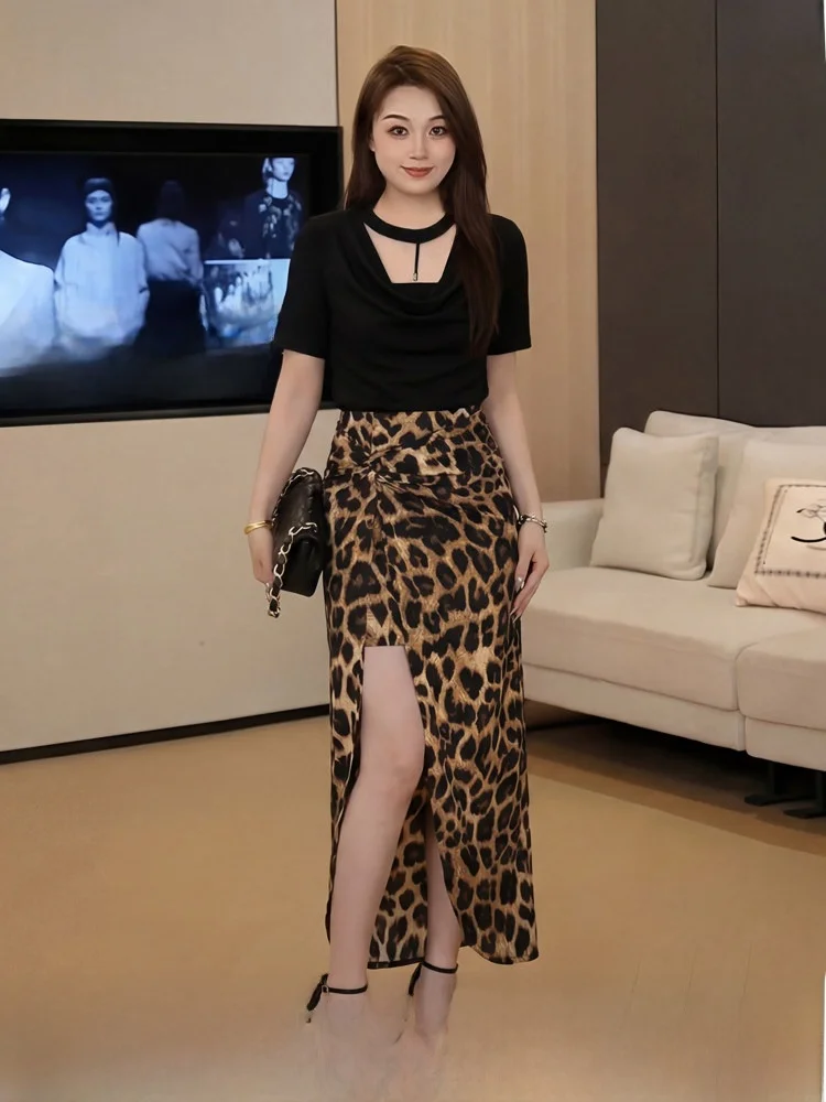 

Black Lace Hollow out Short Sleeve Top And Leopard Print Skirt Set plus Size Women's Fashion Design Summer Outfit