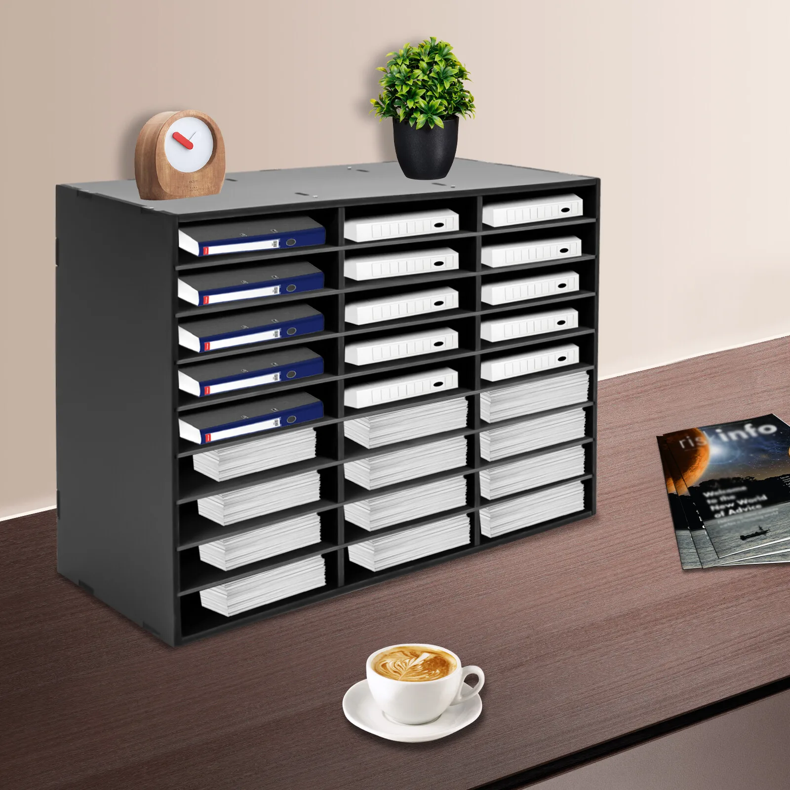 

27-Slot Literature Organizer – Black PVC, 110Lbs Load. Semi-Open, Removable Dividers. For Home/Office/School, Easy Assembly