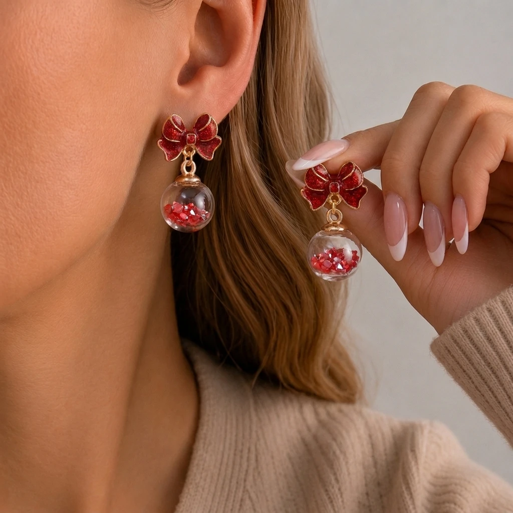 Kreative grüne Kristallkugel-Ohrringe mit Schleife für Frauen, Weihnachts-Schneeflocken-Lichtkugel-Ohrhänger, Y2K-Neujahrs-Schmuck – Detail 2