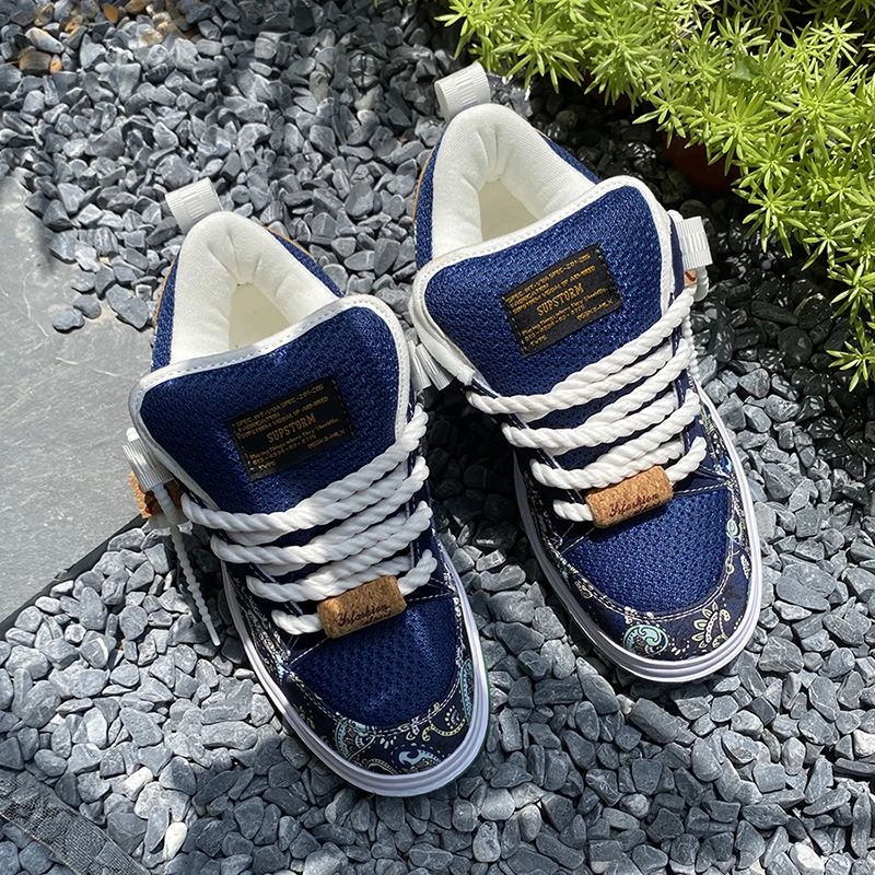 Tibetan Green Cashew Flower Spliced Coarse Hemp Rope Casual Board Shoes, Retro Ethnic Style Thick Soled Breathable Mesh Canvas