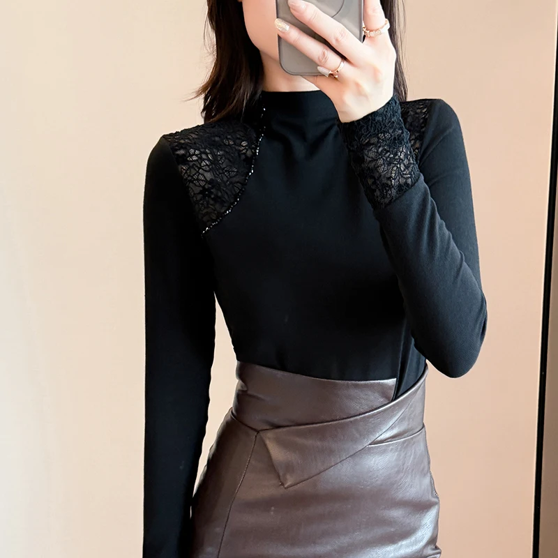 تي شيرت نسائي قطني مجوف من الدانتيل برقبة وهمية وأكمام طويلة تي شيرت موضة 2025 بقصة ضيقة أنيقة أساسية للارتداء اليومي غير الرسمي #3