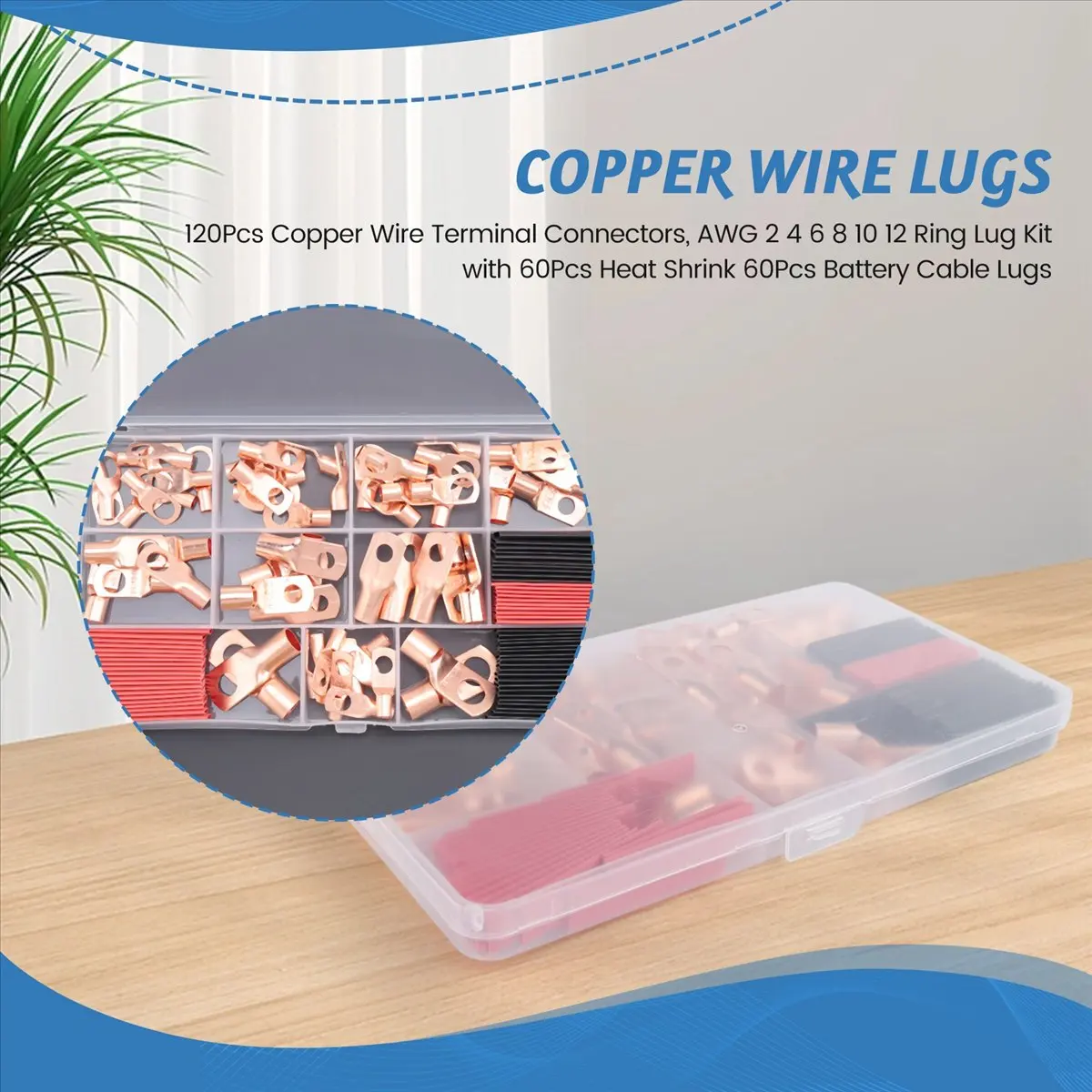 

(BABQ) 120Pcs Copper Wire Terminal Connectors, AWG 2 4 6 8 10 12 Ring Lug Kit with 60Pcs Heat Shrink 60Pcs Battery Cable Lugs