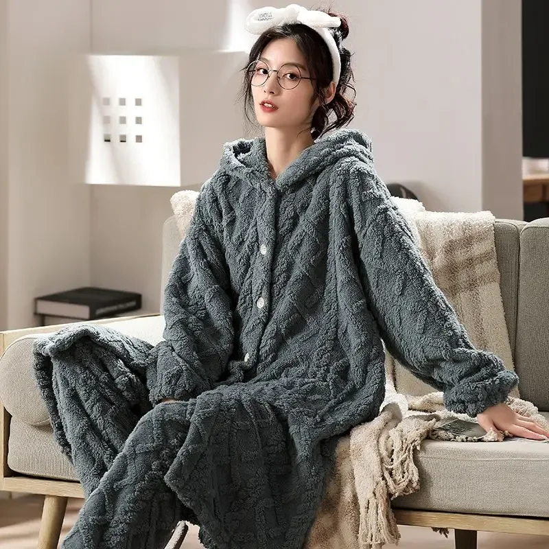 

Thickening Fleecing Flannel Can Worn Outside Loose Winter Loungewear Set Coral Fleece Pajamas Female Autumn Winter Long Pattern