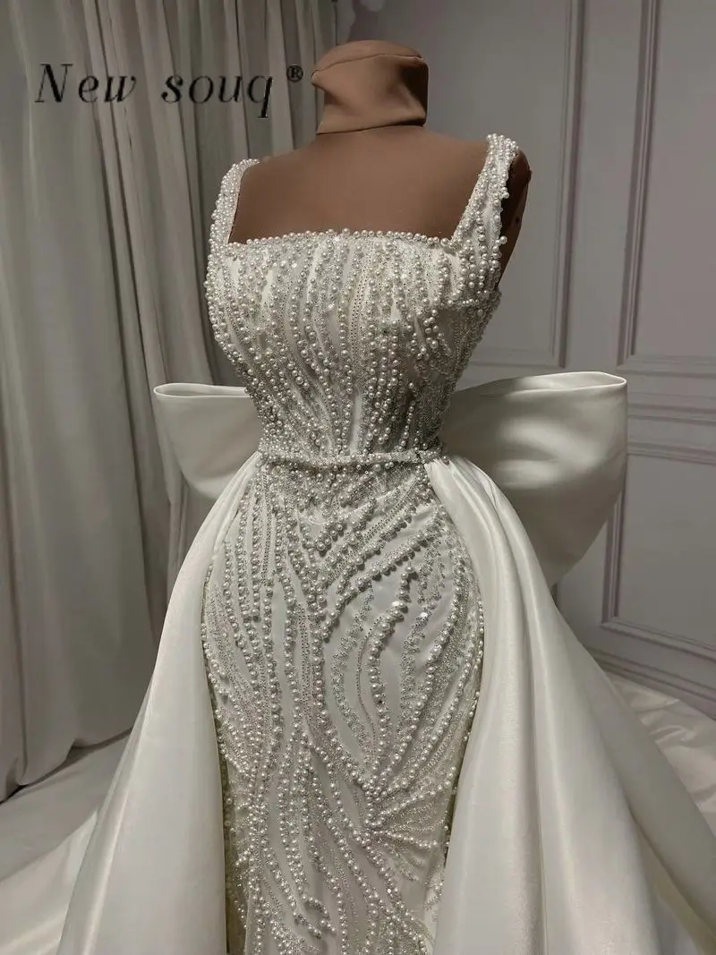 Dubai Arabic Ivory Pearls Beaded Evening Dresses with Detachable Satin Train Square Neck Formal Wedding Party Gowns for Brides