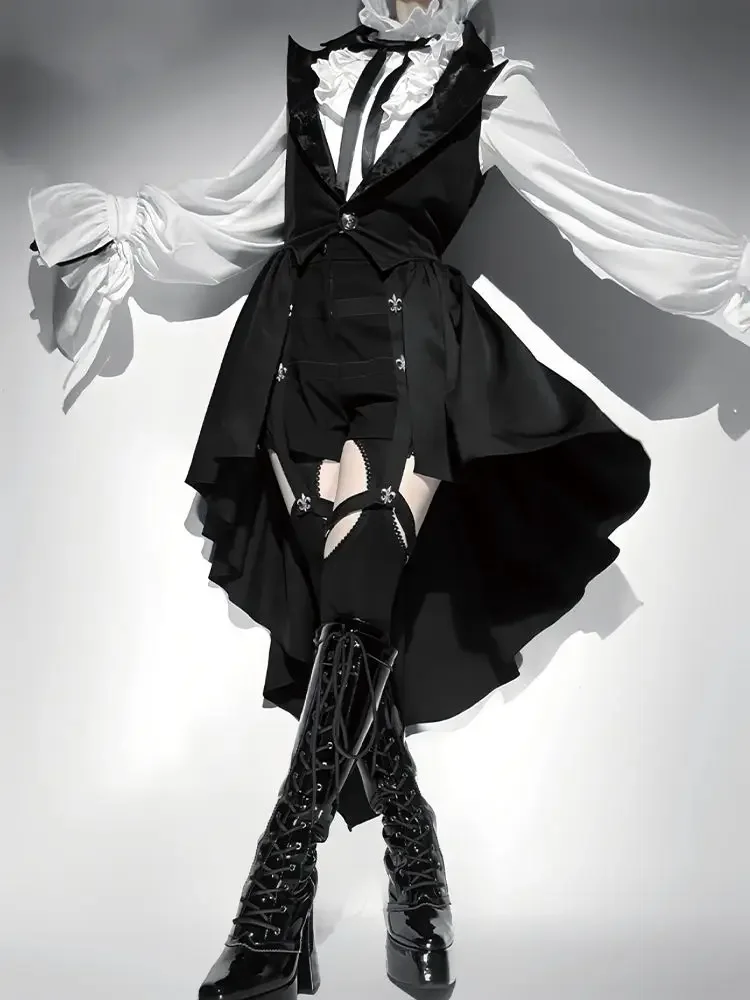 النساء 3 قطعة مجموعات السراويل وتتسابق الوقوف الرقبة البلوزات البيضاء الدانتيل المرقعة السراويل القوطي غير النظامية سترة بدلة معطف شيك اليابانية مجموعة