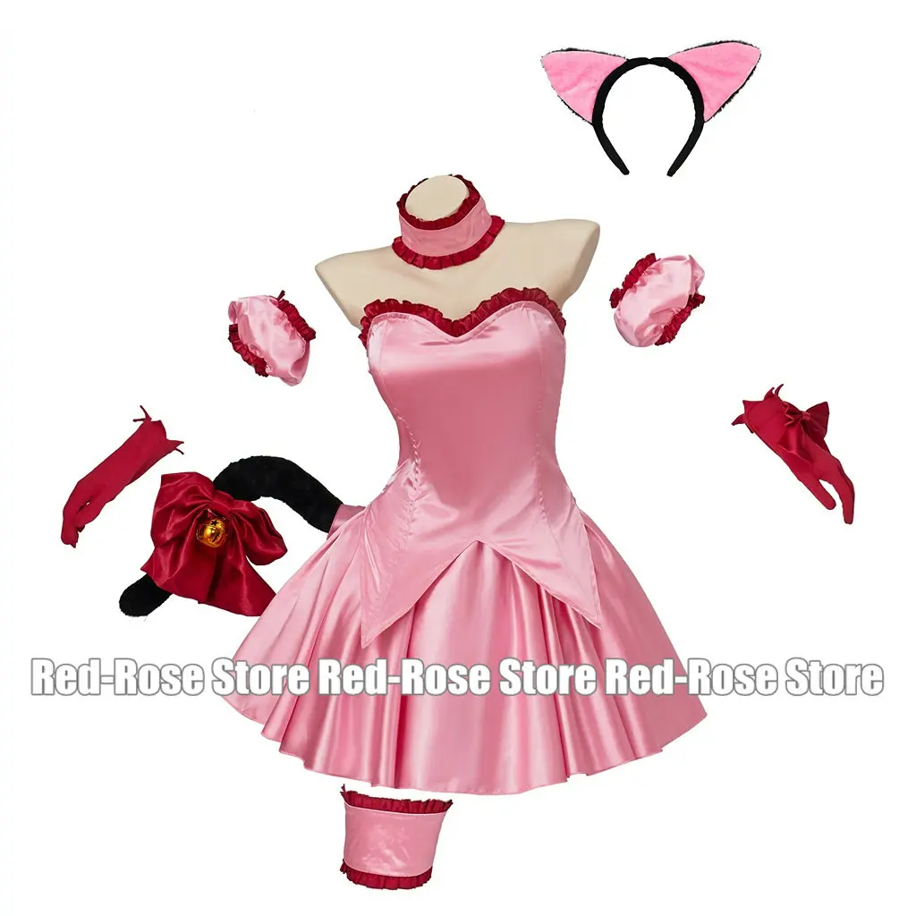 

Tokyo Mew Mew Strawberry Ichigo Momomiya Cosplay Costume Womens Girls Pink Dress with Cat Ears and Tail Cute Cat Cosplay