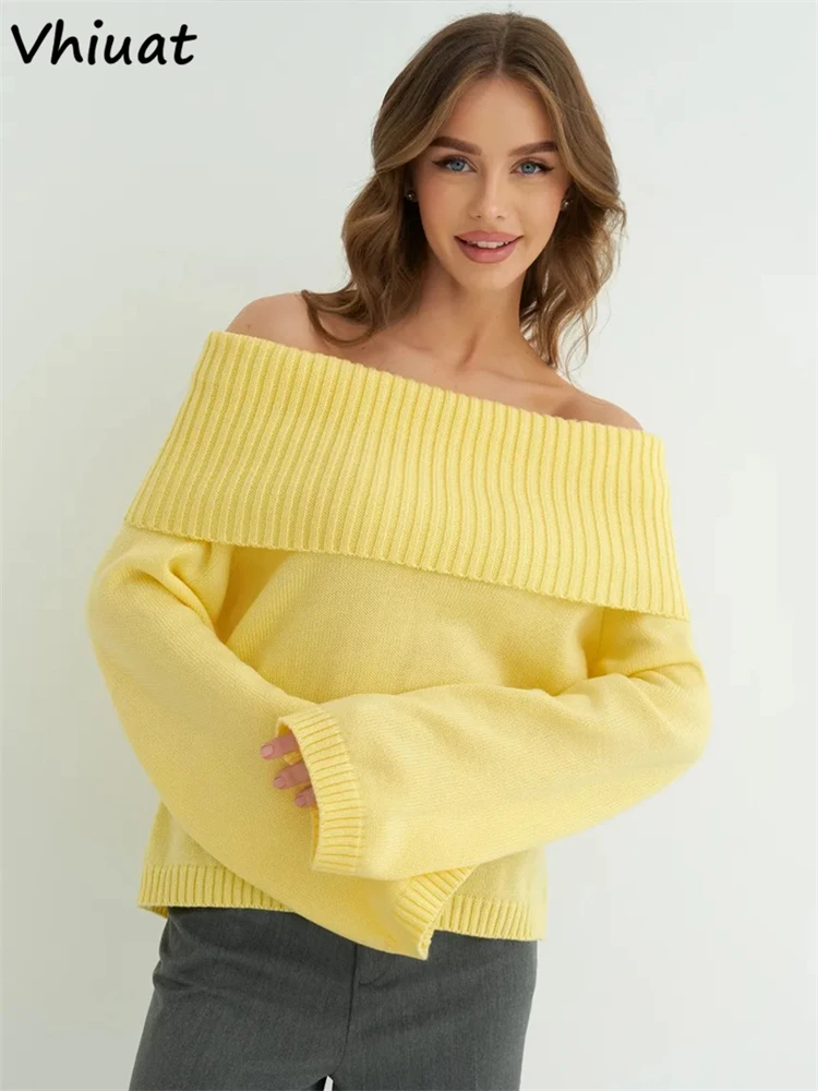 

Vhiuat Slash Neck Off-Shoulder Long Sleeve Solid Sweater Women Warm Loose Pullovers Basic Casual Knitwear Tops Pull Femme Winter