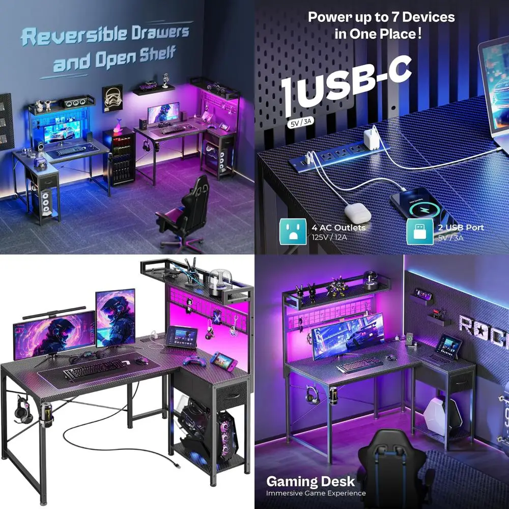

Угловой игровой стол с LED-подсветкой, местом для хранения, портами питания и USB-C, 42 дюйма, черный карбон, для домашнего офиса и учебы
