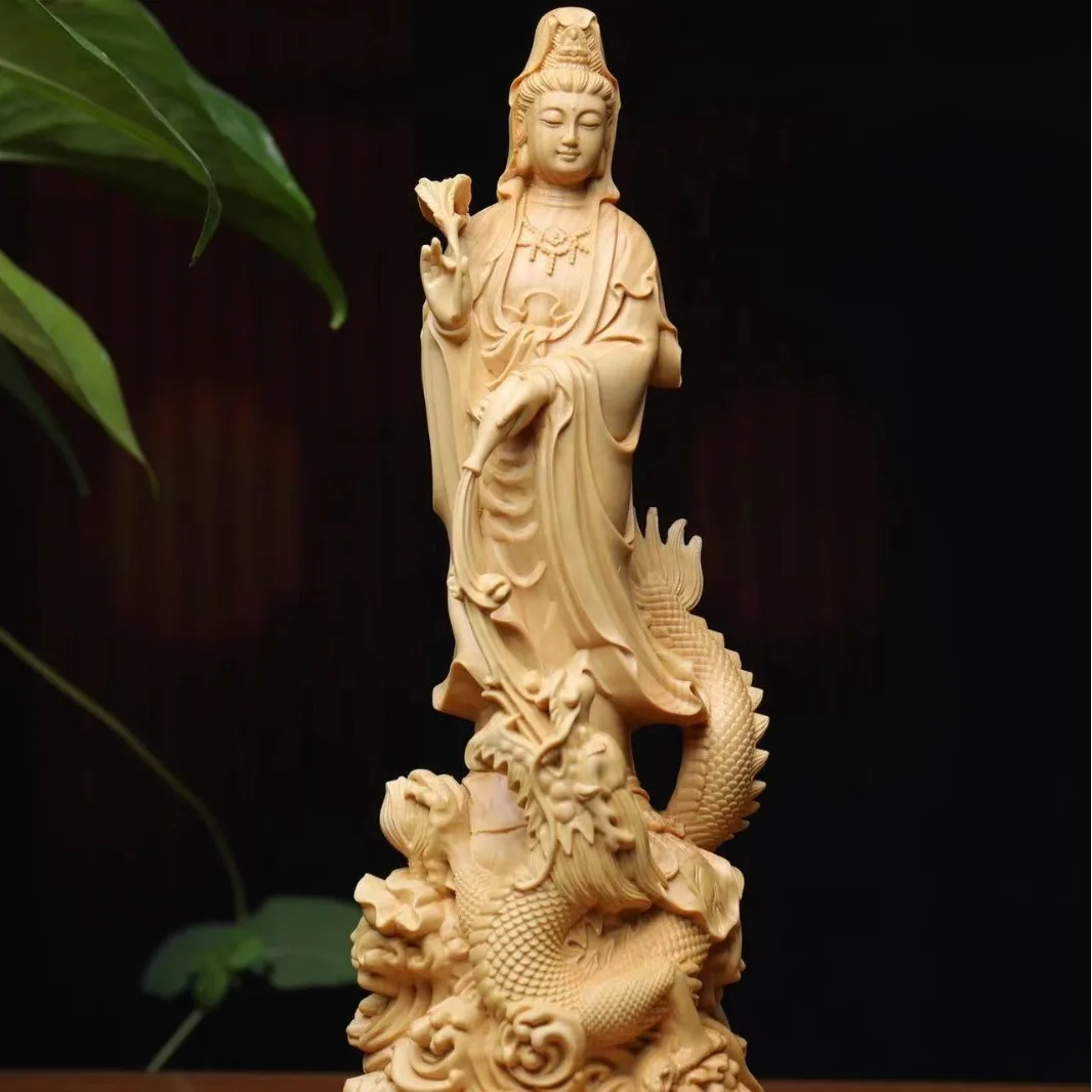 Small leaf boxwood carving, Yulong Guanyin ornament, solid wood cultural play