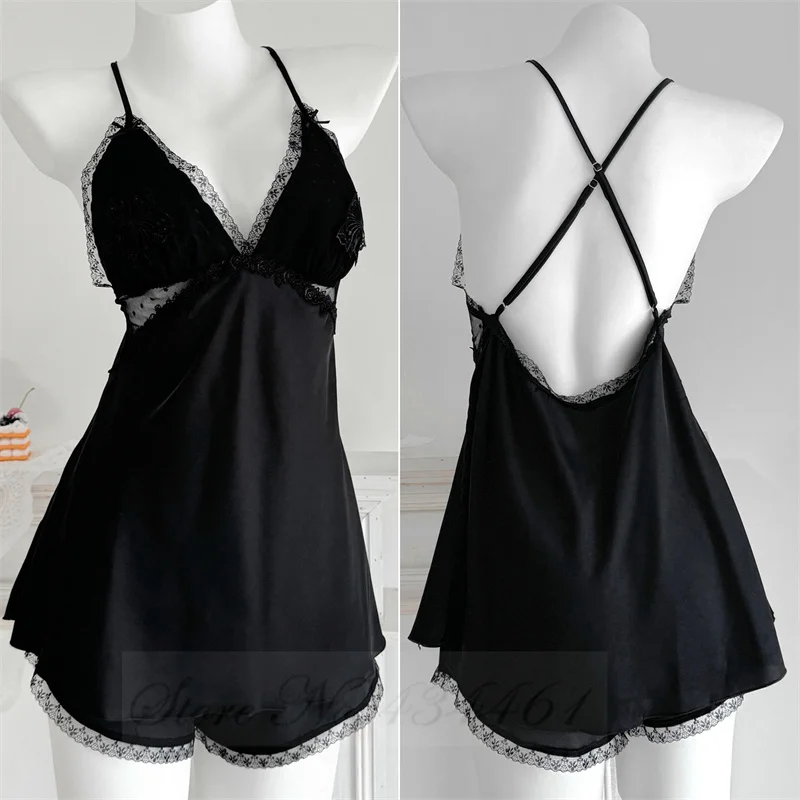 

Female Suspender Pajamas Two Piece Set Sexy Lace Silk Sleepwear Lingerie Summer Strap Tops Shorts Nightwear Pijamas Home Wear
