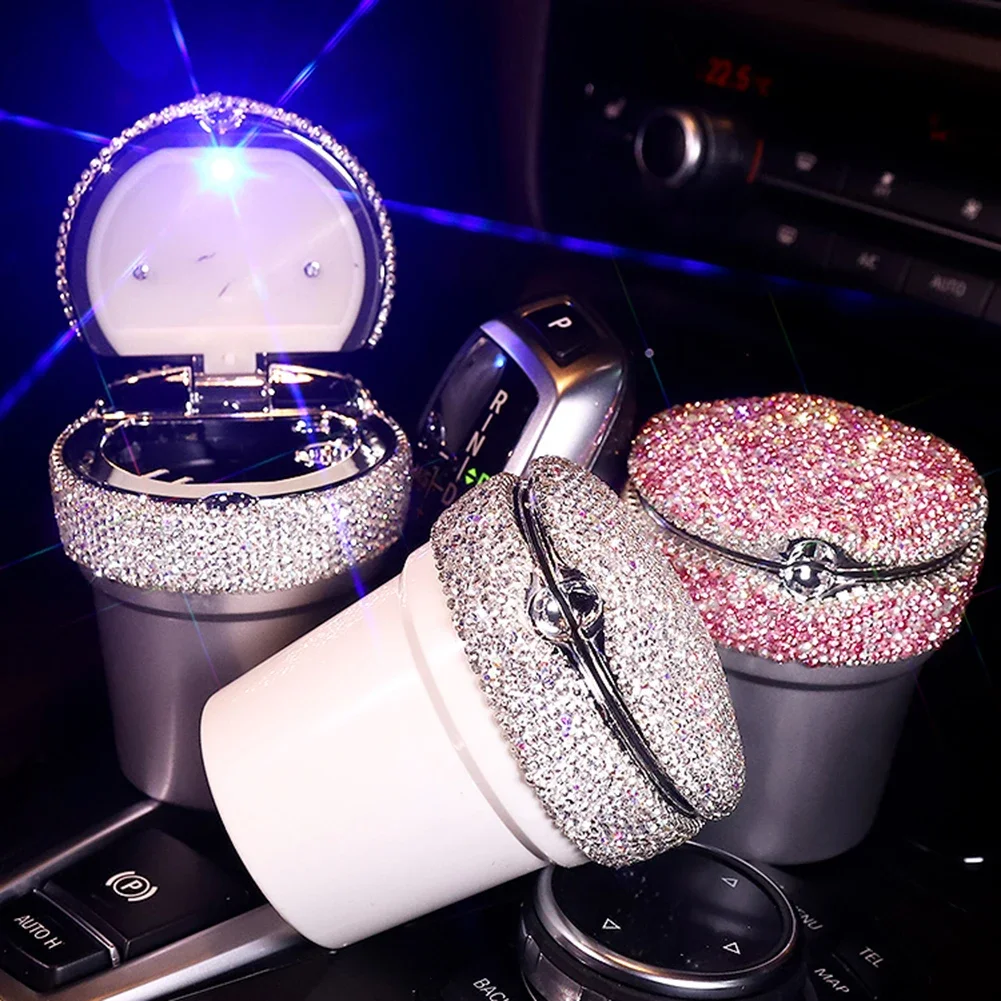 Car  Ashtray LED Blue-Ray High Temperature Resistance Auto Cigarette Ashtray Luxury Diamond Gift for Women Girl Home Use