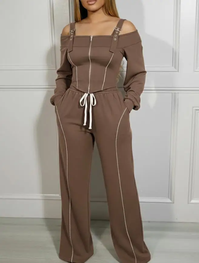 ツーピースセット レディース服 2025年春新作 無地 長袖 コールドショルダー トップス＆ドローストリングウエストパンツセット ポケット付き