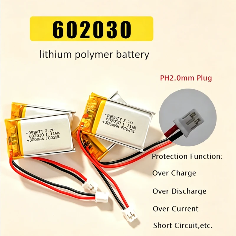 

602030 Lithium Polymer Rechargeable Batteries 3.7V 300mAh for Toys, LED Bluetooth Headset Speaker Charging Case Smart Bracelet