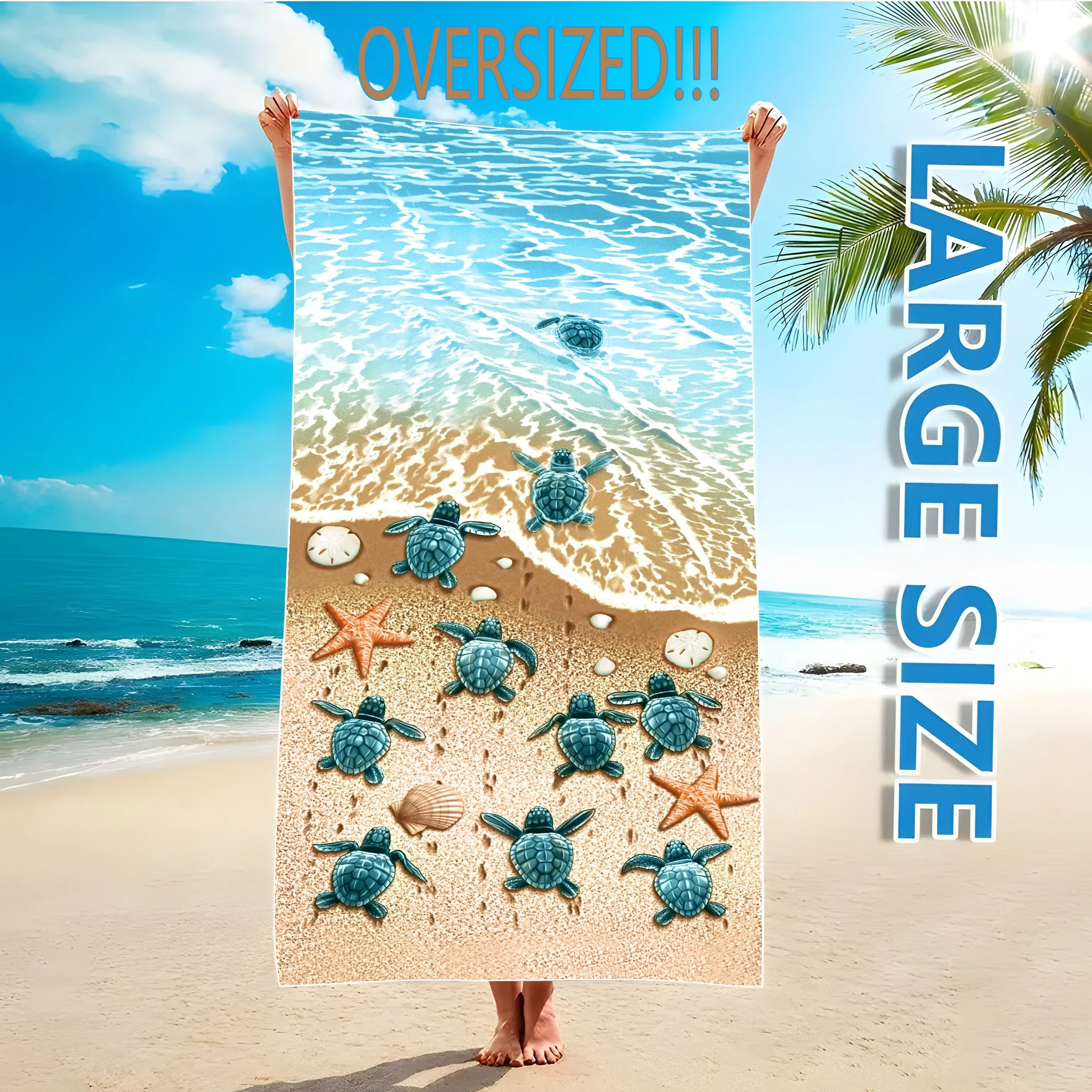 Oversized Sea Turtle Beach Towel - Quick Dry Microfiber with Starfish & Shells, Sand-Free for Travel Pool Summer