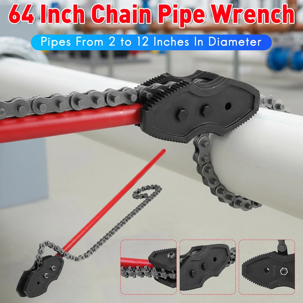 

64-дюймовый цепной ключ для тяжелых условий эксплуатации, регулируемый, подходит для труб диаметром 2-12 дюймов, с цепью длиной 56,7 дюймов, для механиков и сантехников