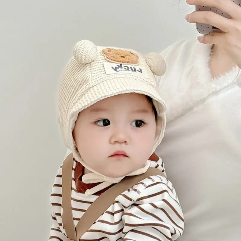 

Защитная шапка для ушей с милым медведем, детские шапочки со шнуровкой для детей 0-12 месяцев, шапка для новорожденных и девочек, детские осенние вельветовые пуловеры, шапки