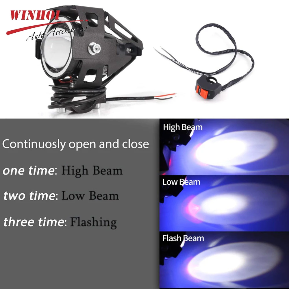 Led Motorcycle Headlight with Abgle Eyes 125W Additional Spotlights Fog Lights Universal Motorbike Auxiliary U7 LED Driving Lamp