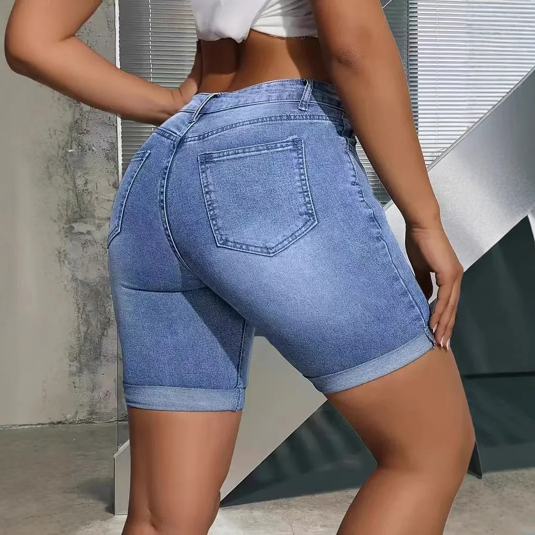 New Women's Light Blue Slim Simple Basic Casual Trendy Knee Length Denim Shorts European American Style Jeans Bottom Clothes view 4