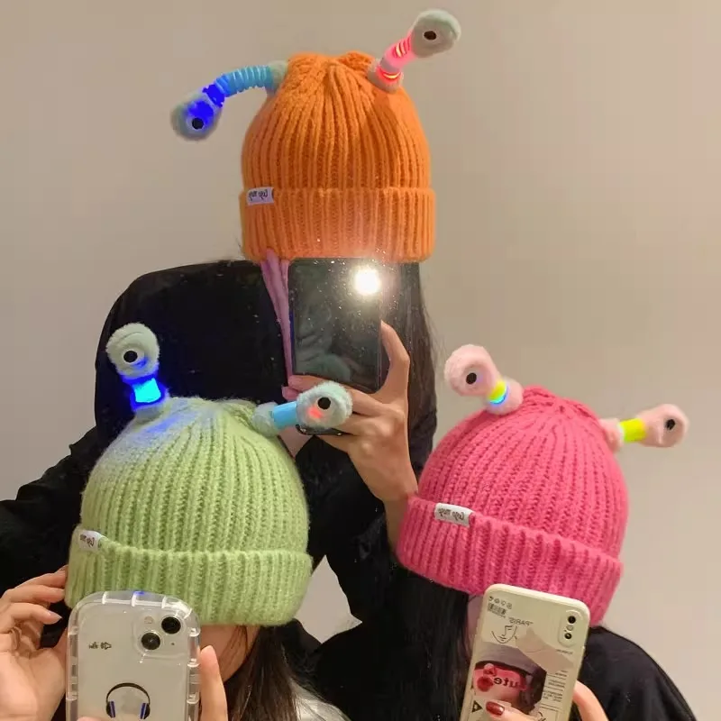 Funny Luminous Led Light Little Monster Eyes Cap Beanie For Women Girls Cute Cartoon Antenna Winter Warm Knitted Woolen Hat